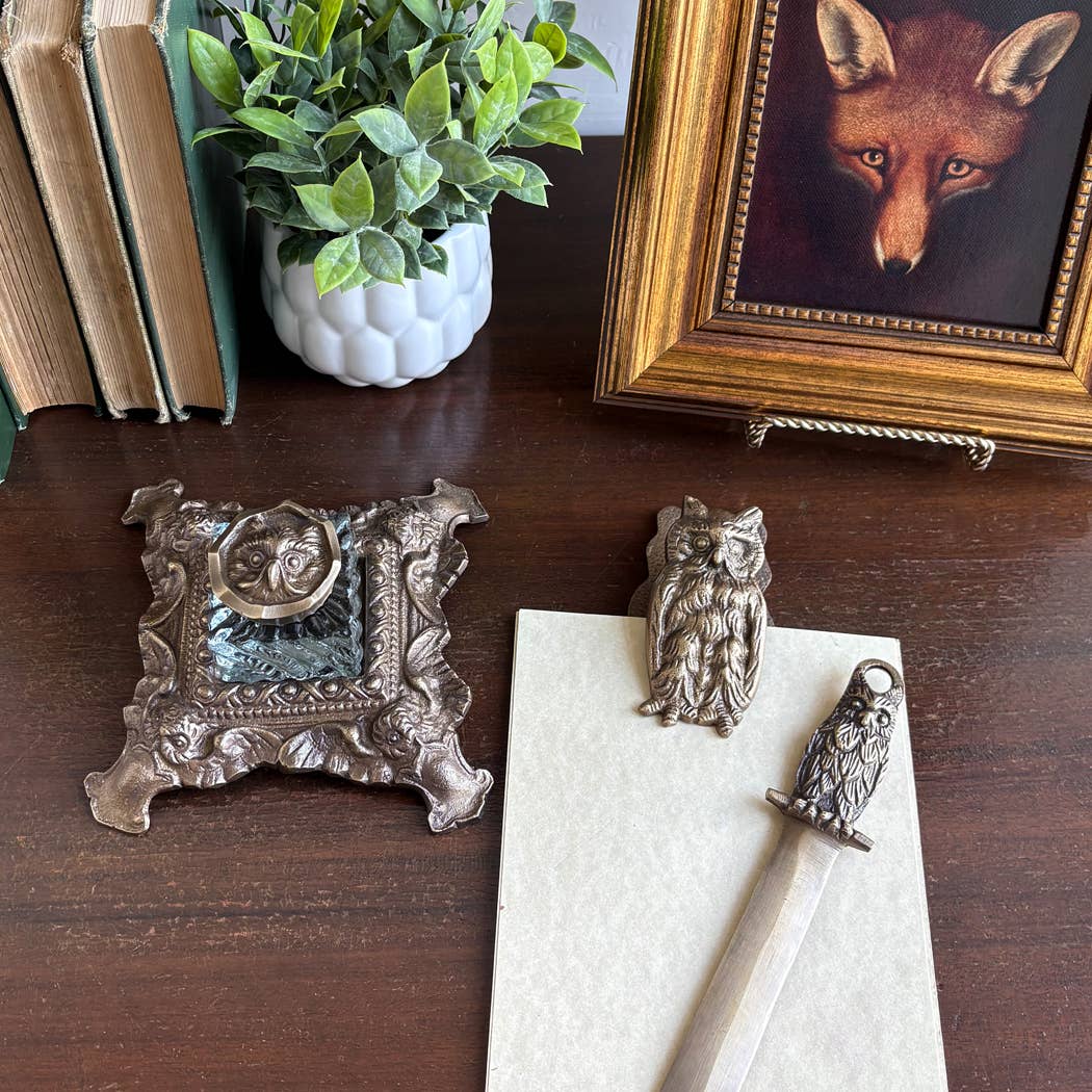 Ornate Antiqued Brass Owl Inkwell (6")