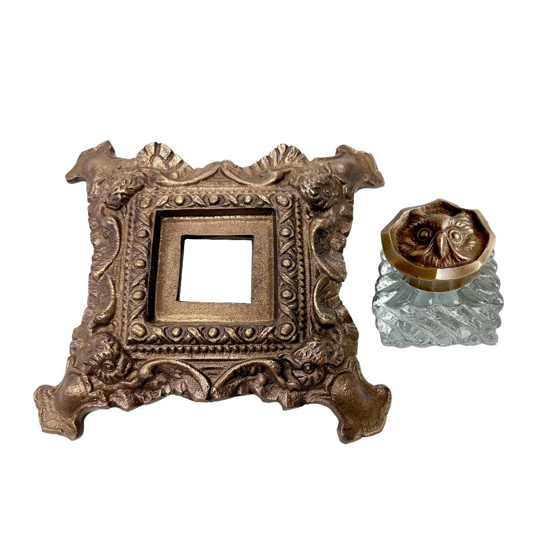 Ornate Antiqued Brass Owl Inkwell (6")
