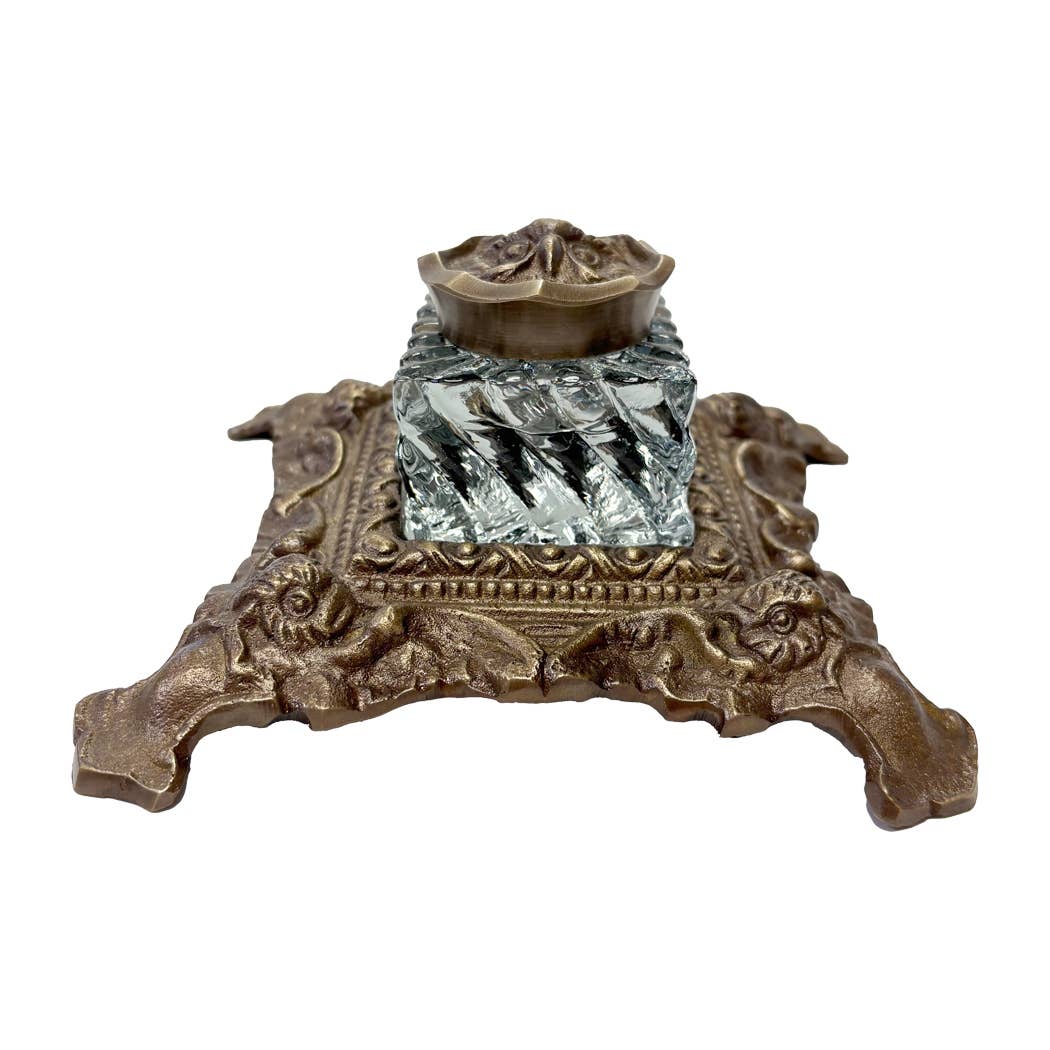 Ornate Antiqued Brass Owl Inkwell (6")