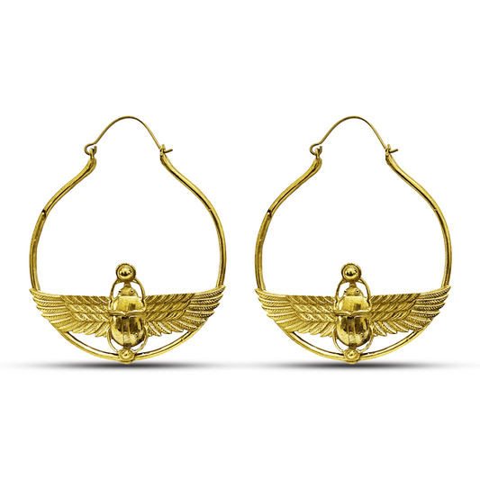 Brass Goddess Scarab Hoop Earrings