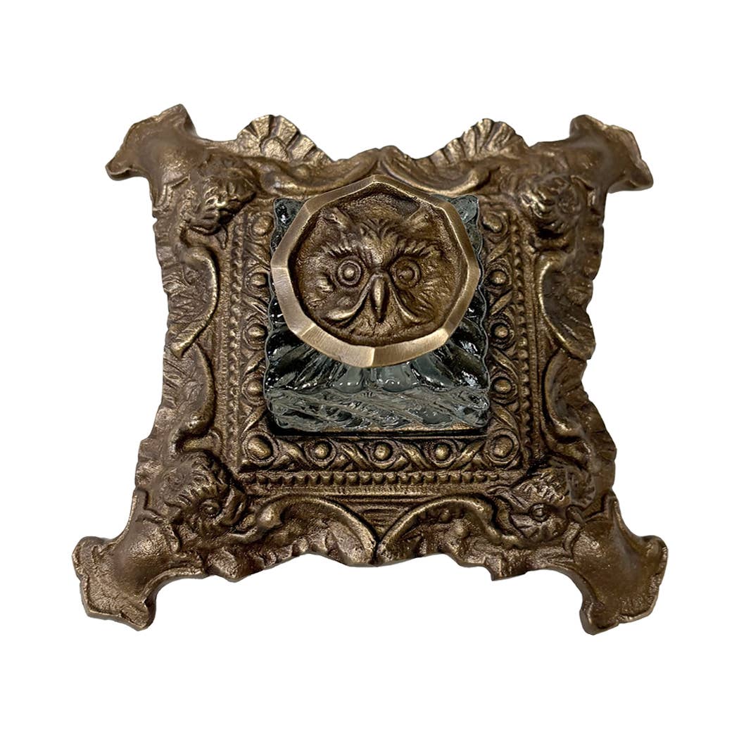 Ornate Antiqued Brass Owl Inkwell (6")