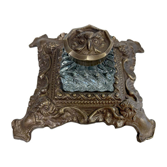 Ornate Antiqued Brass Owl Inkwell (6")