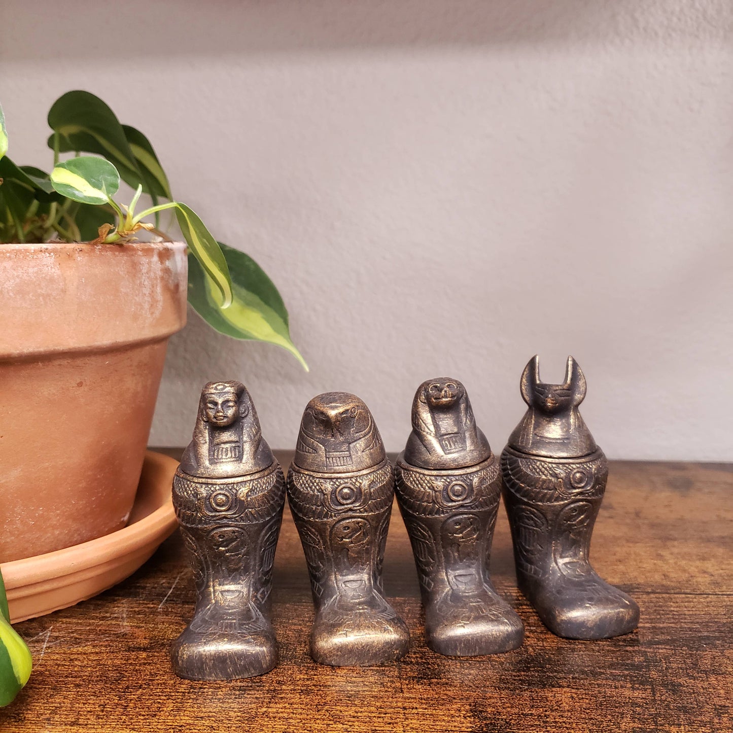 Egyptian Footed Canopic Bronze Jars Set of 4 (4")