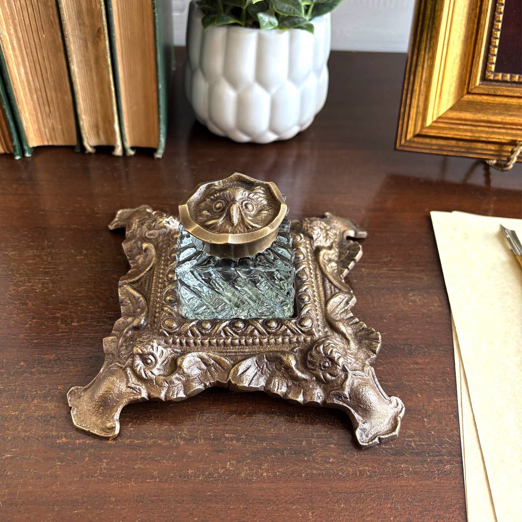Ornate Antiqued Brass Owl Inkwell (6")